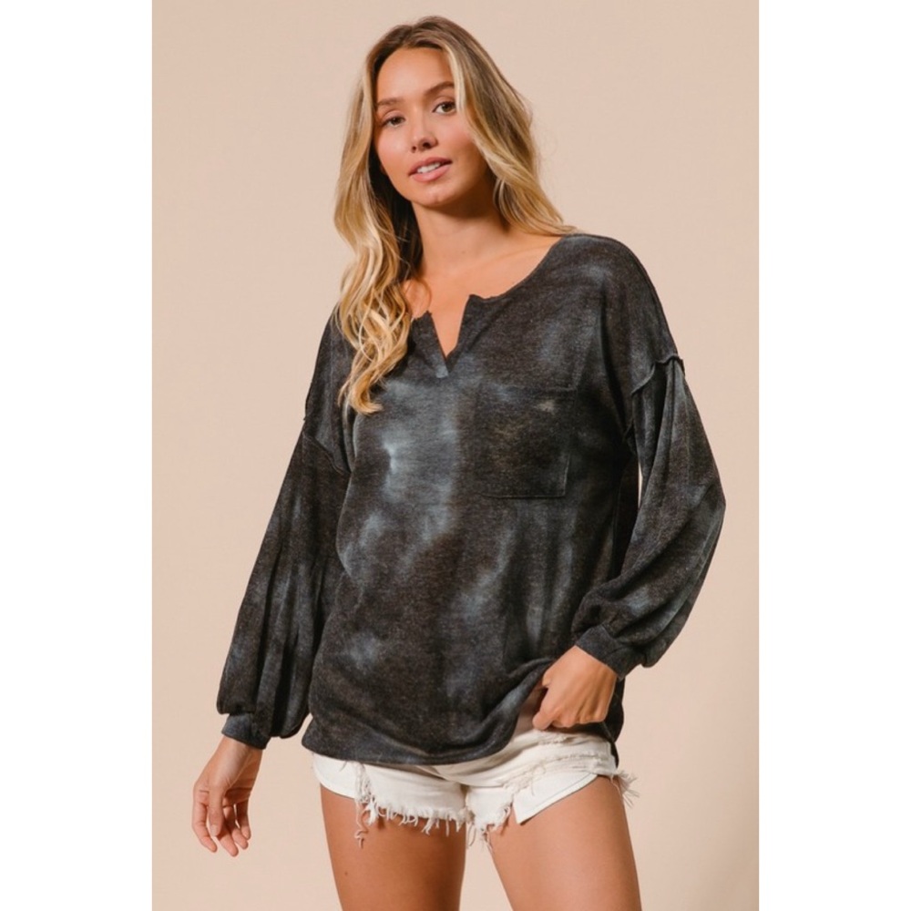 NEW! Bibi Navy/Black Burnout Tie Dye Hacci Knit Top With Bubble Sleeves! - Picture 3 of 8